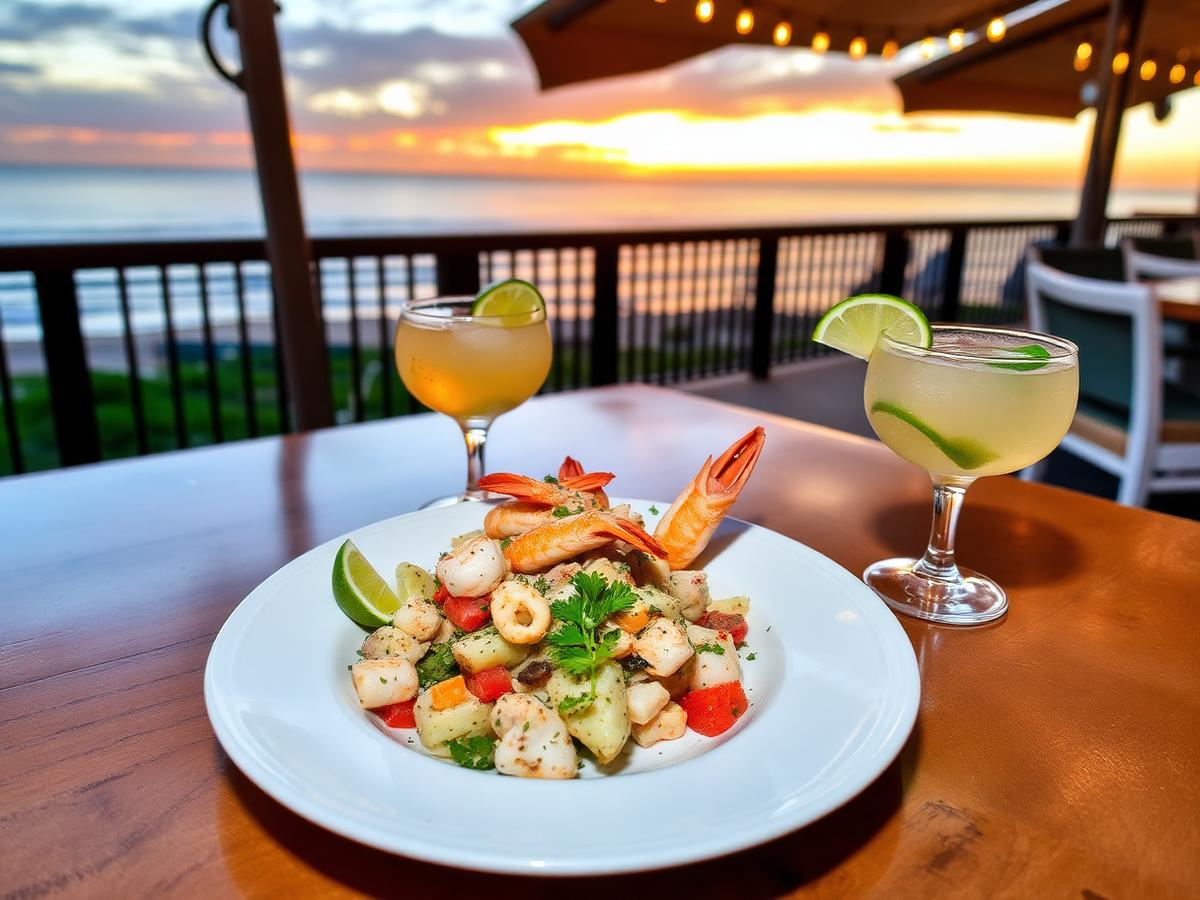 Coastal California cuisine on a patio at sunset in Laguna Niguel